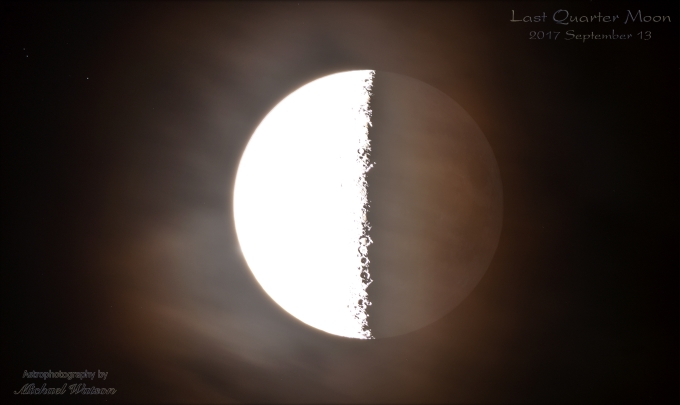 quarter Moon phase through thin clouds