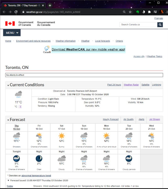 Environment Canada weather page for a city