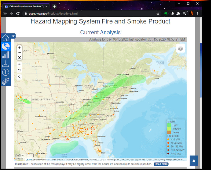 Hazard Mapping System showing fires and smoke in CUSA