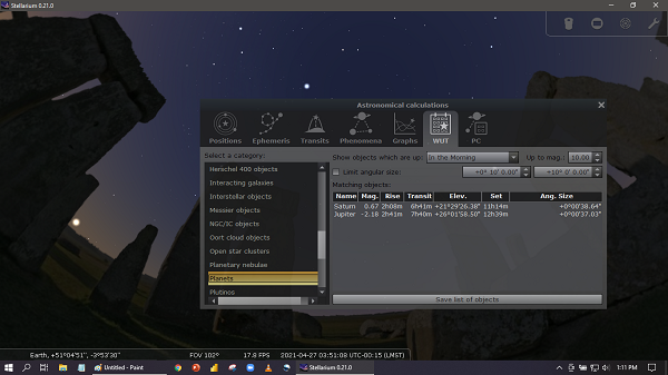 Stellarium software showing advanced features